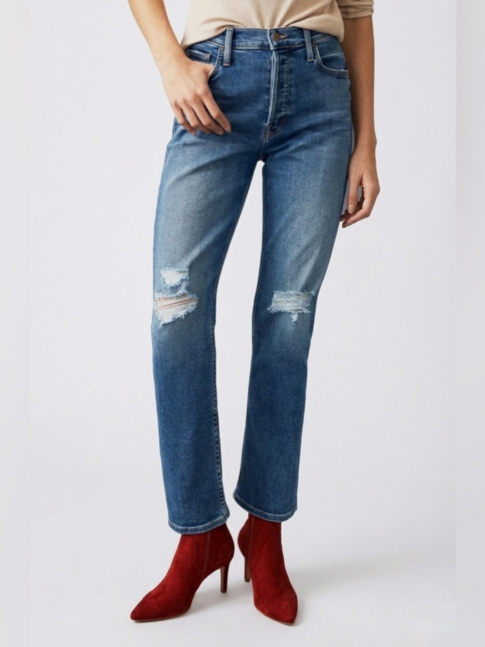 072 MOTHER Women's Tomcat Ankle Roughing It Distressed Straight Cut Jeans, Sz 25
